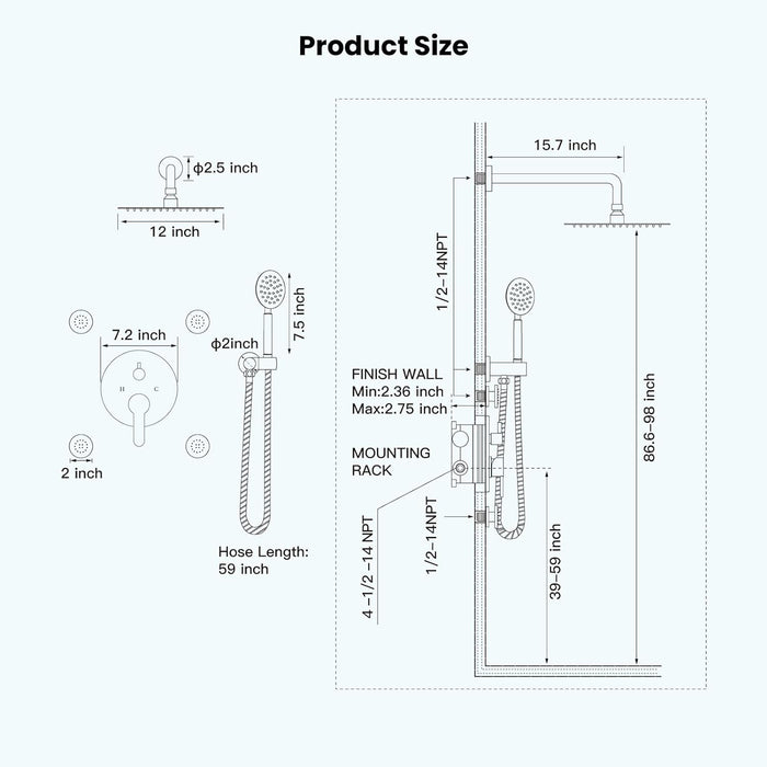 gotonovo Wall Mounted Round High Pressure Rain Shower Head with Body Jets With Round Handheld Shower and Full Body Spray Jet with Rough-in Valve