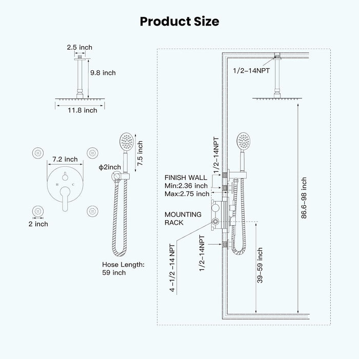 gotonovo Ceiling Mounted Shower Faucet System Rain Mixer with 12 inch Round Rainfall Shower Head with Body Spray Jets with Shower Combo Complete Set