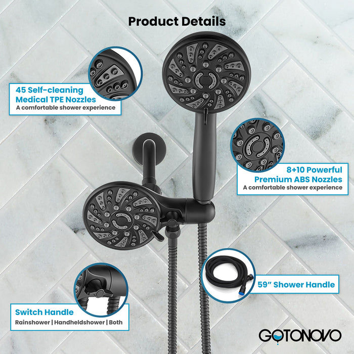 gotonovo Dual 2 in 1 Shower Head Kit High Pressure Combo System Shower Faucet 6 Modes ABS Handheld Spray Shower Trim Kit with Valve Shower Head and Handle Set Matte Black