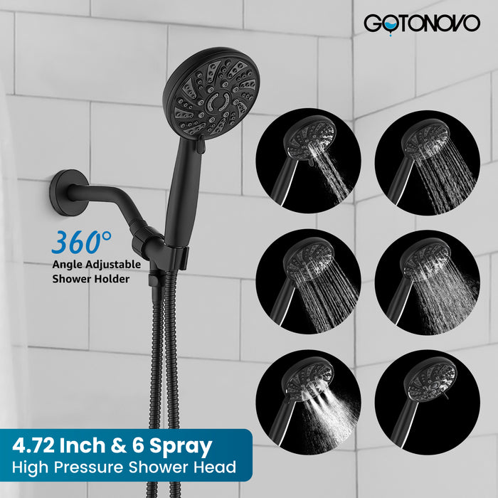 gotonovo Bathroom Shower Head Kit High Pressure Combo System Shower Faucet 6 Modes ABS Handheld Spray Shower Trim Kit Valve Included Shower Head and Handle Set Matte Black