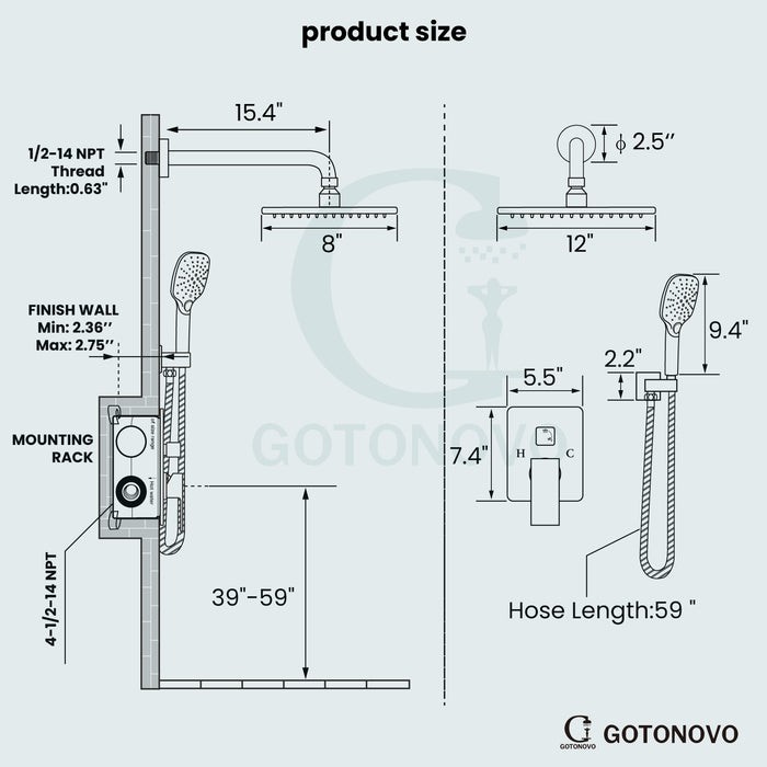 gotonovo Shower System with Handheld Spray Wall Mount ABS Pressure Balance Valve Rain Shower Head System Set Hot and Cold Water Modern Bathroom Rainfall Shower