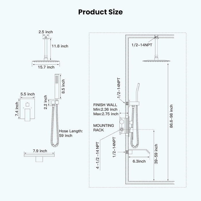 gotonovo Rain Shower System Rainfall Shower Head Combo Shower Faucet Set with Waterfall Bathtub Spout Handheld Shower Ceiling Mount Rough-in Valve Kit Included