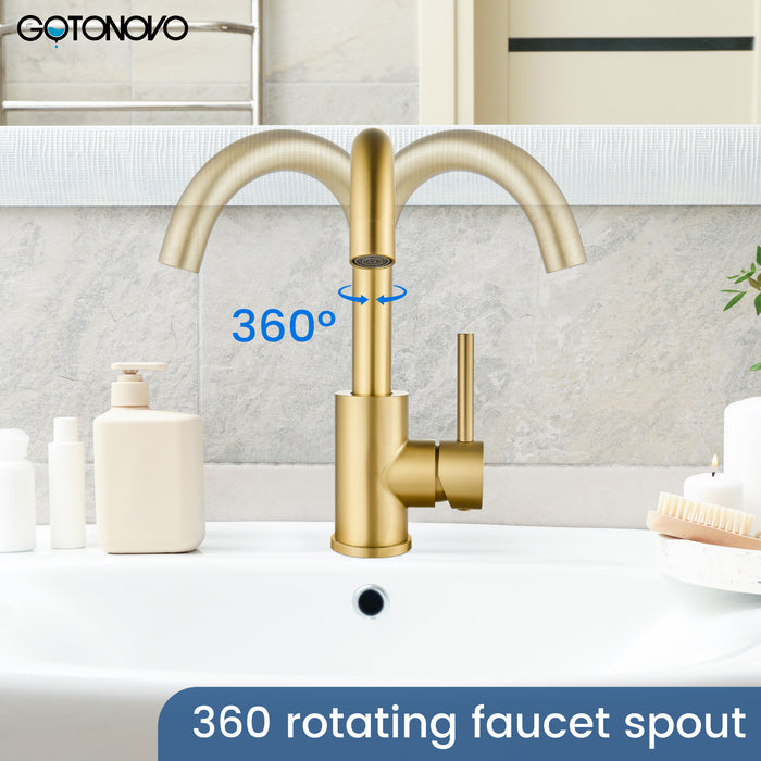 gotonovo Bar Sink Faucet Single Hole Bathroom Kitchen Small RV Sink Faucet Deck Mount SUS304 Lavatory Mixer Tap Single Handle One Hole 360 Degree Swivel Spout Lavatory Sink Faucet