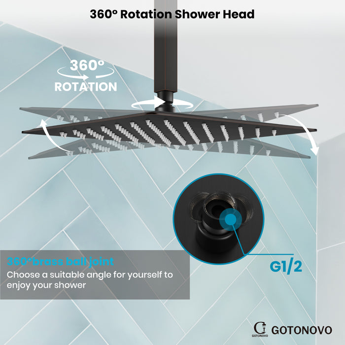 gotonovo Bathroom Rainfall Square Shower Head Ultra-Thin Design SUS304 Stainless Steel High Pressure 360 Degree Free Rotation