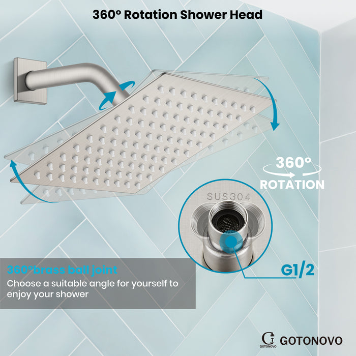 gotonovo Bathroom Rainfall Square Shower Head Ultra-Thin Design SUS304 Stainless Steel High Pressure 360 Degree Free Rotation