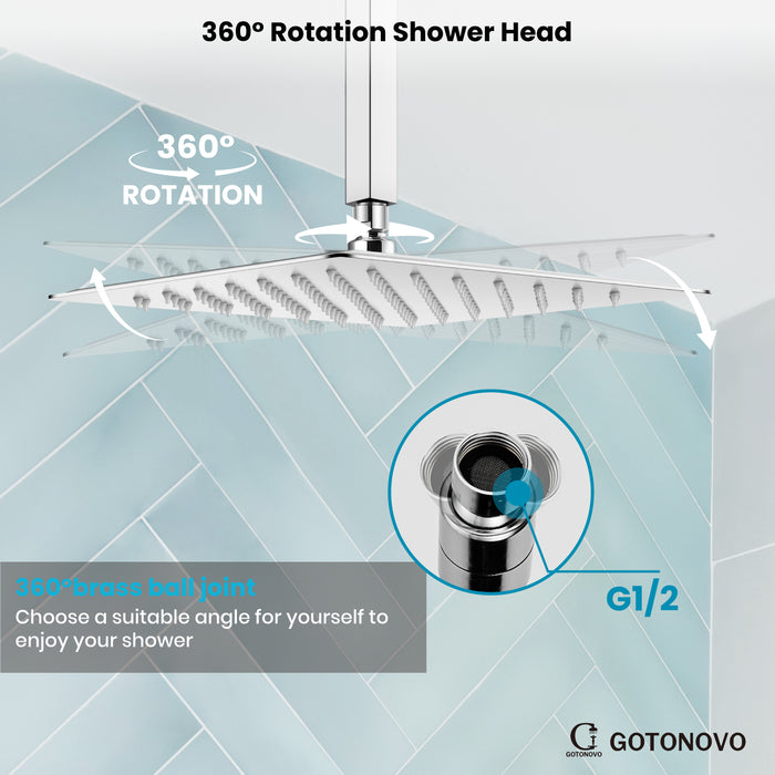 gotonovo Bathroom Rainfall Square Shower Head Ultra-Thin Design SUS304 Stainless Steel High Pressure 360 Degree Free Rotation