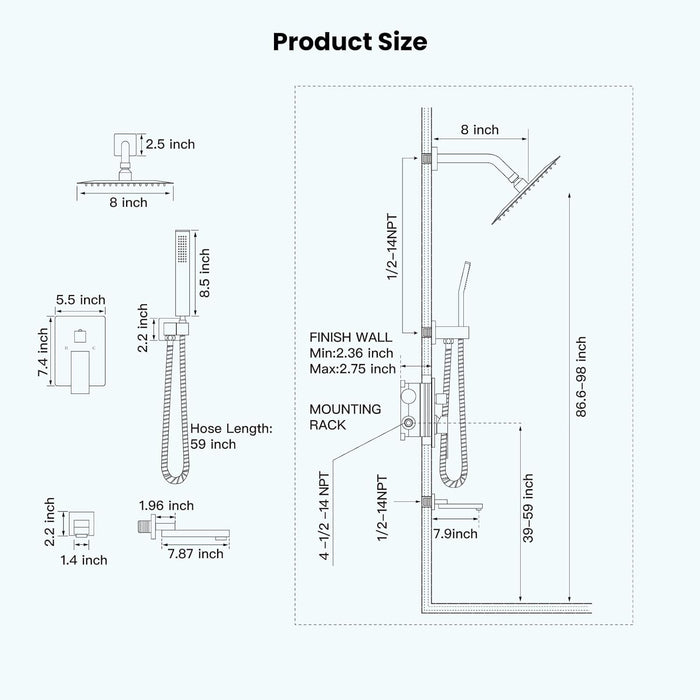 Gotonovo Rain Shower Combo Set Luxury 3-Function with Rotating Tub Spout,Square Rainfall Shower Head and Handheld Spray Rough-in Valve Body and Trim Included