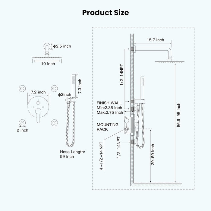 gotonovo 10’’ Wall Mount Shower System Round Rain Shower Head Combo Set with 4pcs Body Spray Jets and Brass Handheld Shower High Pressure Rough-in Valve and Trim Included