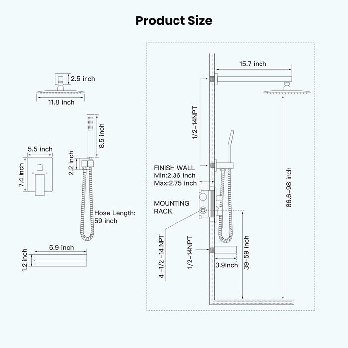 gotonovo Rain Shower Combo Set with Thick Waterfall Tub Spout,Square Rainfall Shower Head with Handheld Spray Wall Mounted Pressure Balance Rough-in Valve and Trim Included