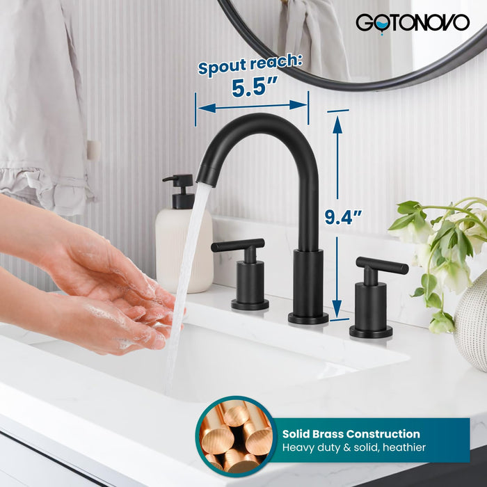 gotonovo 3 Hole 2 Handles Lavatory Basin Bathroom Sink Faucet with Pop Up Drain with Hot and Cold Mixer Valves 8 Inch Widespread Bathroom Faucet Matte Black