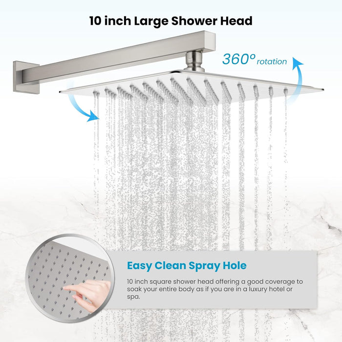 gotonovo Wall Mounted Shower System Shower Combo Set with 10 Inches Square Rain Shower Head High Pressure Head Hand Held Pressure Balance Rough-in Valve(Male Thread)