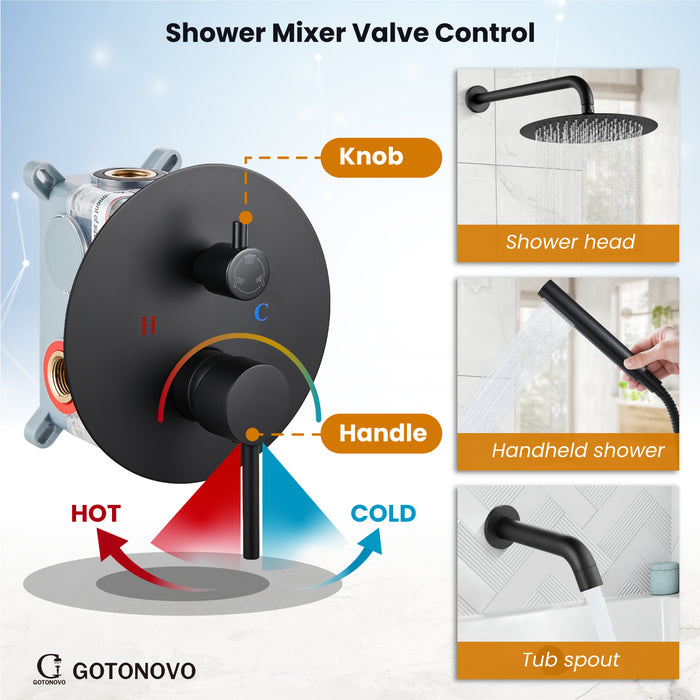 gotonovo 10 inch Round Rain Shower System with Tub Spout Wall Mounted Bathroom 3 Piece Mixer Shower Set Shower Head Combo with Rough in Valve Cylindrical Handheld