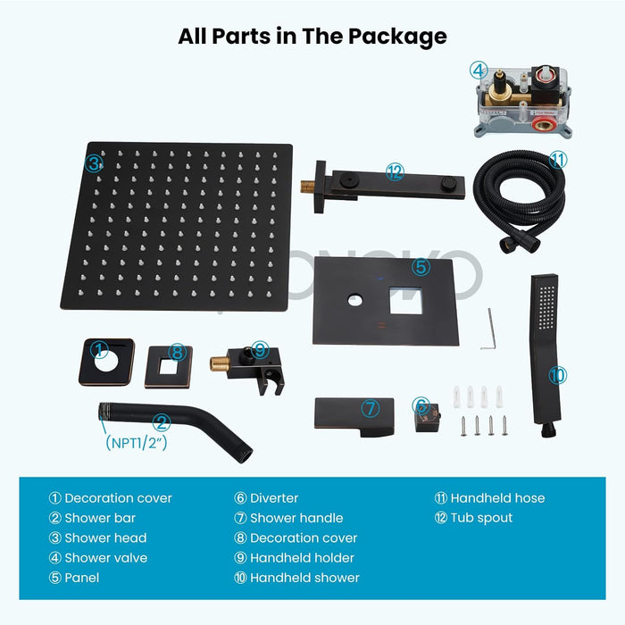 Gotonovo Rain Shower Combo Set Luxury 3-Function with Rotating Tub Spout,Square Rainfall Shower Head and Handheld Spray Rough-in Valve Body and Trim Included