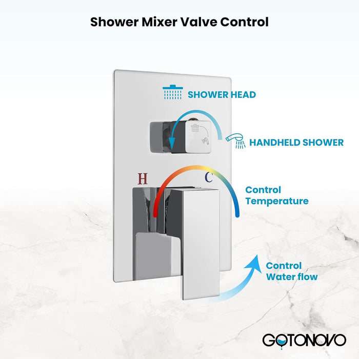 gotonovo Wall Mounted Shower System Shower Combo Set with 10 Inches Square Rain Shower Head High Pressure Head Hand Held Pressure Balance Rough-in Valve(Male Thread)