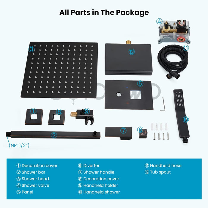 gotonovo Rain Shower Combo Set with Thick Waterfall Tub Spout,Square Rainfall Shower Head with Handheld Spray Wall Mounted Pressure Balance Rough-in Valve and Trim Included