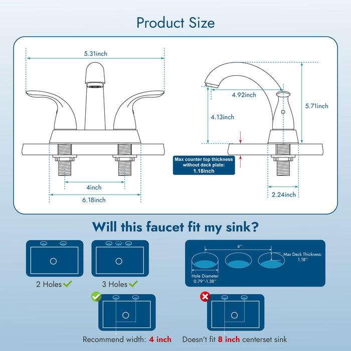 4 ”Centerset Badkamer Toilet Kraan Dekmontage 2 Handgrepen Badkamer Wastafel Kraan Mengkraan met Dekplaat Pop-up Afvoer en Watertoevoerslangen