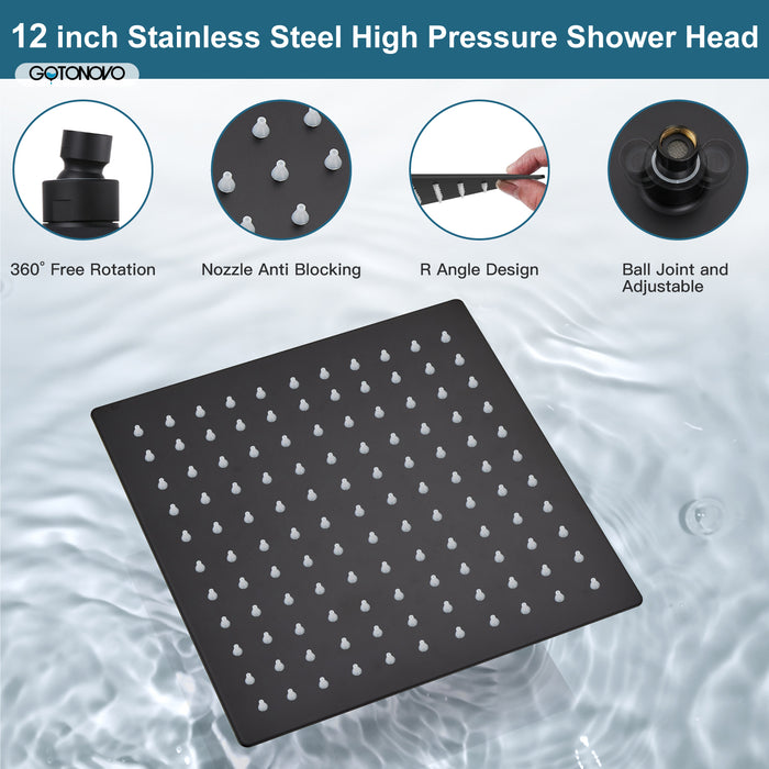 gotonovo Shower System 12 Inch Square Shower Head with Handheld Shower and Waterfall Tub Spout Wall Mount Rainfall Shower Faucet Rough-in Valve 3 Function Shower Combo Set