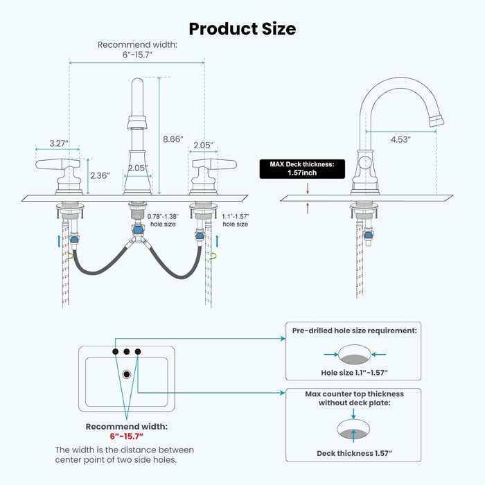 gotonovo 8 Inch Vanity Basin Faucet Dual Handle Deck Mount 3 Hole Bathroom Faucet with Pop Up Drain and Water Supply Hoses Widespread Lavatory Sink Faucet Hot and Cold Mixer Tap