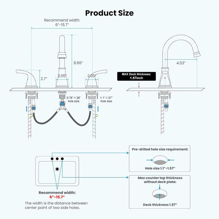 gotonovo 3 Hole Brushed Nickel Bathroom Faucet 8 Inch Vanity Sink Faucet Deck Mount Widespread Dual Handle Hot and Cold Lavatory Sink Faucet with Pop Up Drain and Water Supply Hoses