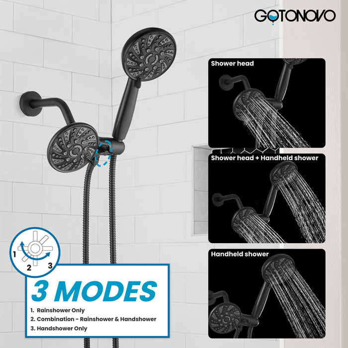 gotonovo Dual 2 in 1 Shower Head Kit High Pressure Combo System Shower Faucet 6 Modes ABS Handheld Spray Shower Trim Kit with Valve Shower Head and Handle Set Matte Black