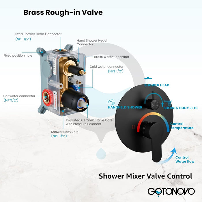 gotonovo Ceiling Mounted Shower Faucet System Rain Mixer with 12 inch Round Rainfall Shower Head with Body Spray Jets with Shower Combo Complete Set