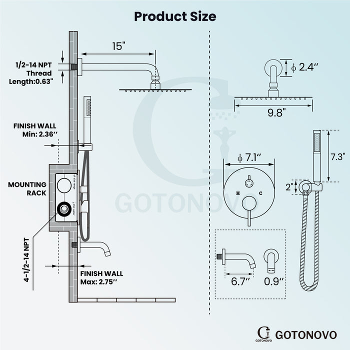 gotonovo 10 inch Round Rain Shower System with Tub Spout Wall Mounted Bathroom 3 Piece Mixer Shower Set Shower Head Combo with Rough in Valve Cylindrical Handheld