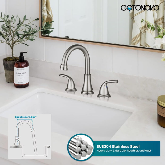 gotonovo 3 Hole Brushed Nickel Bathroom Faucet 8 Inch Vanity Sink Faucet Deck Mount Widespread Dual Handle Hot and Cold Lavatory Sink Faucet with Pop Up Drain and Water Supply Hoses