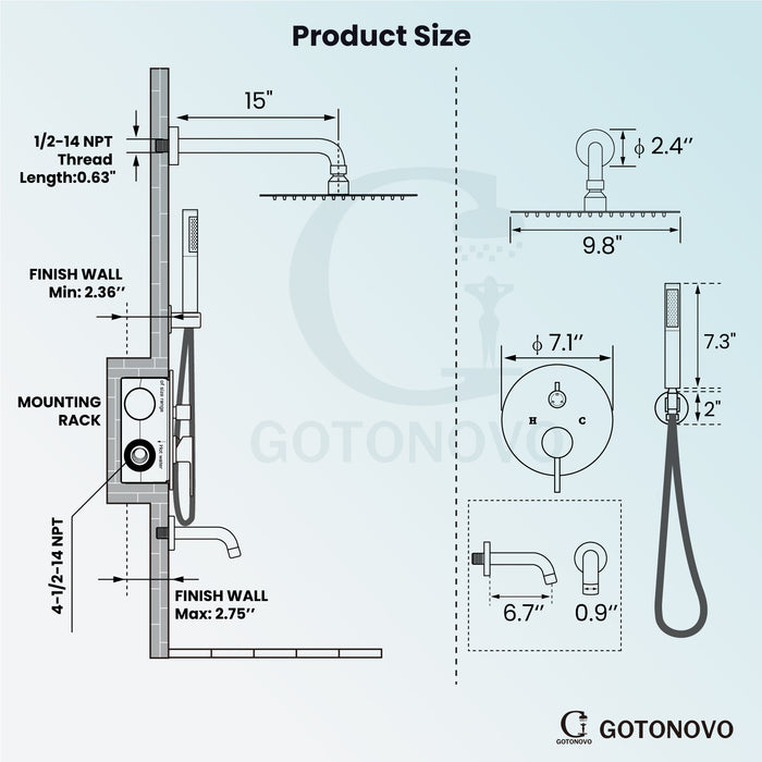 gotonovo 10 inch Round Rain Shower System with Tub Spout Wall Mounted Bathroom 3 Piece Mixer Shower Set Shower Head Combo with Rough in Valve Cylindrical Handheld