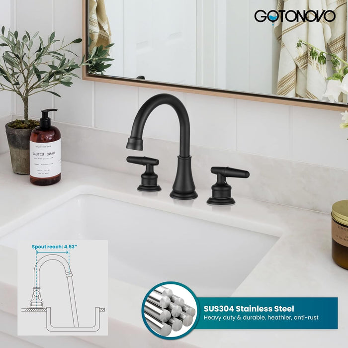 gotonovo 8 Inch Vanity Basin Faucet Dual Handle Deck Mount 3 Hole Bathroom Faucet with Pop Up Drain and Water Supply Hoses Widespread Lavatory Sink Faucet Hot and Cold Mixer Tap