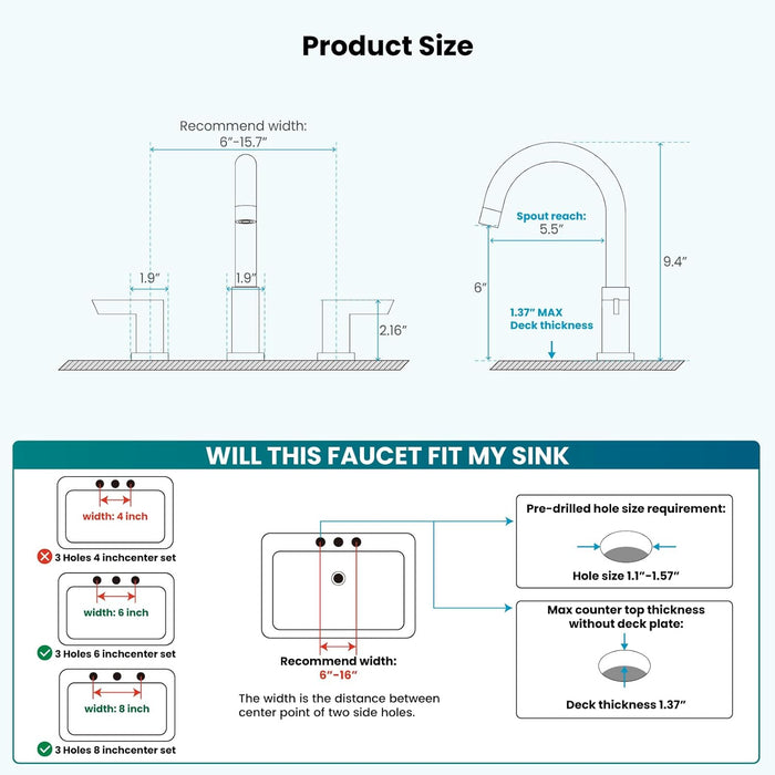 gotonovo 3 Hole Deck Mount 2 Handles Lavatory Basin Bathroom Sink Faucet with Pop Up Drain with Hot and Cold Mixer Valves 8 Inch Widespread Bathroom Faucet Low-Arch 360° Rotation Spout