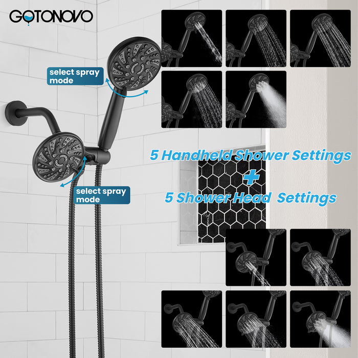 gotonovo Dual 2 in 1 Shower Head Kit High Pressure Combo System Shower Faucet 6 Modes ABS Handheld Spray Shower Trim Kit with Valve Shower Head and Handle Set Matte Black