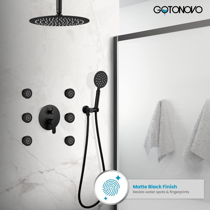 gotonovo Ceiling Mounted Shower Faucet System Rain Mixer with 12 inch Round Rainfall Shower Head with Body Spray Jets with Shower Combo Complete Set