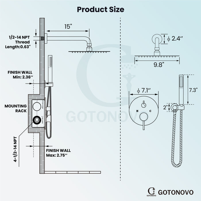 gotonovo Shower System 10 Inch  Rain Shower Head with Handheld Spray Luxury Wall Mount Shower Combo Set Rough-in Valve and Shower Trim Included Bathroom 304 Stainless Steel