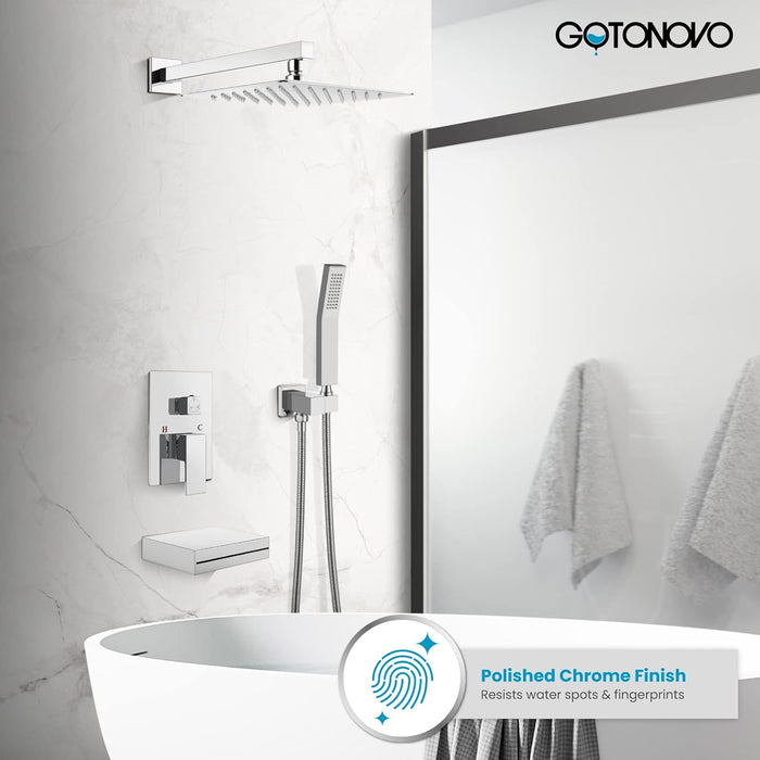 gotonovo Rain Shower Combo Set with Thick Waterfall Tub Spout,Square Rainfall Shower Head with Handheld Spray Wall Mounted Pressure Balance Rough-in Valve and Trim Included