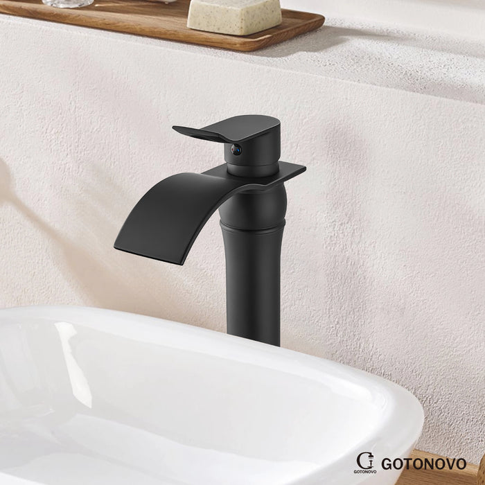 gotonovo Waterfall Vessel Sink Faucet for Sink 1 Hole,Single Handle Tall Bathroom Sink Faucet,Brass Waterfall Bathroom Faucet Arc Body Mixer Tap with Pop Up Drain and Supply Line