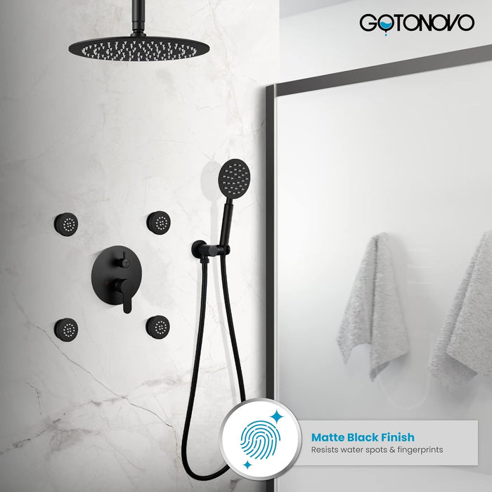 gotonovo Ceiling Mounted Shower Faucet System Rain Mixer with 12 inch Round Rainfall Shower Head with Body Spray Jets with Shower Combo Complete Set