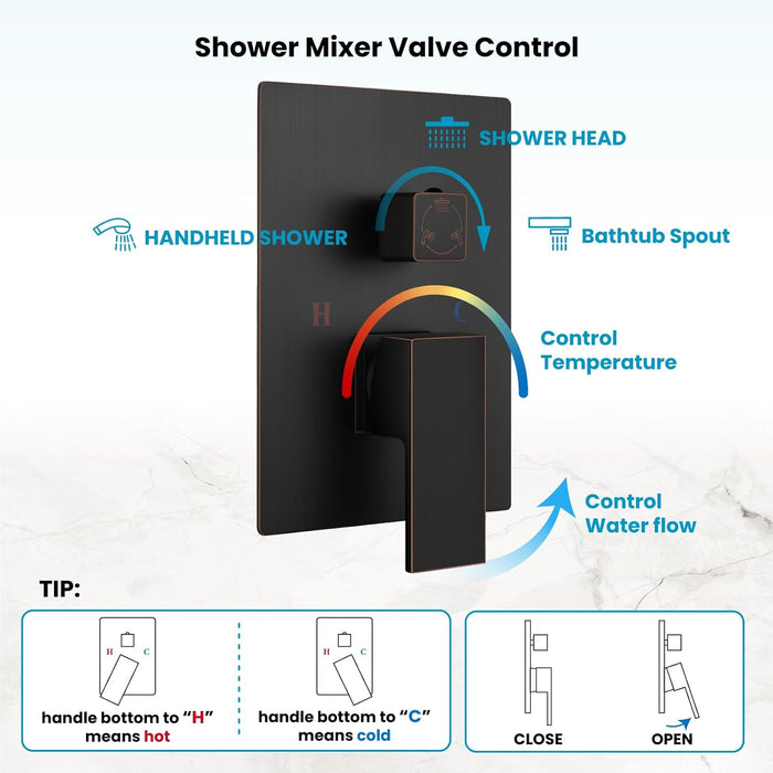 gotonovo Rain Shower Combo Set with Thick Waterfall Tub Spout,Square Rainfall Shower Head with Handheld Spray Wall Mounted Pressure Balance Rough-in Valve and Trim Included