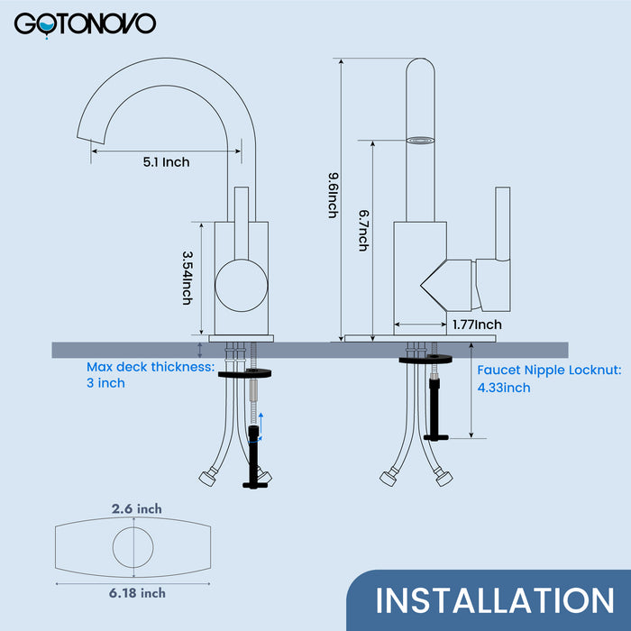 gotonovo Bar Sink Faucet Single Hole Bathroom Kitchen Small RV Sink Faucet Deck Mount SUS304 Lavatory Mixer Tap Single Handle One Hole 360 Degree Swivel Spout Lavatory Sink Faucet