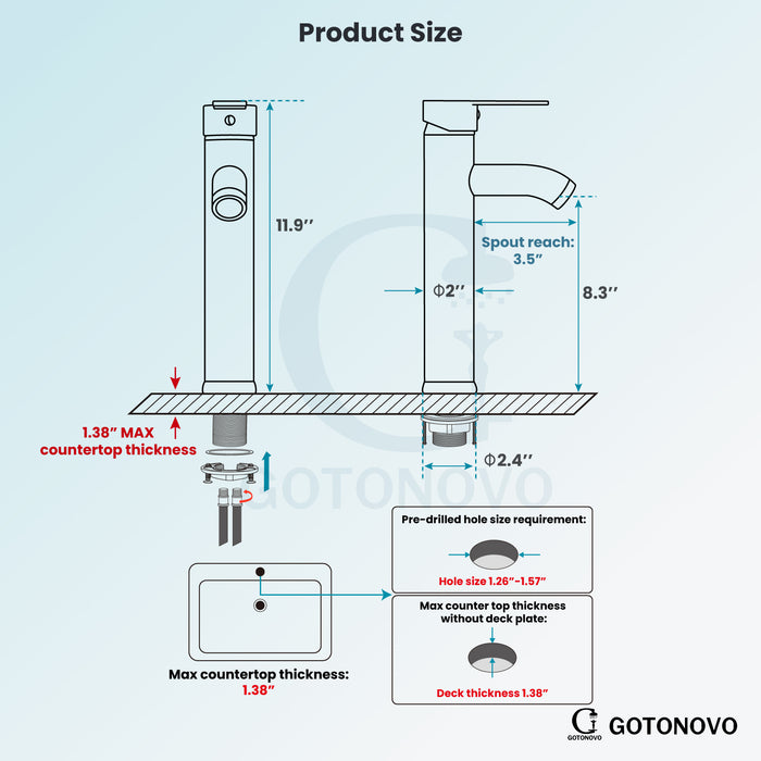 gotonovo Bathroom Sink Faucet 1 Handle Single Hole Deck Mount Tall type Faucet with Pop Up Drain Combo