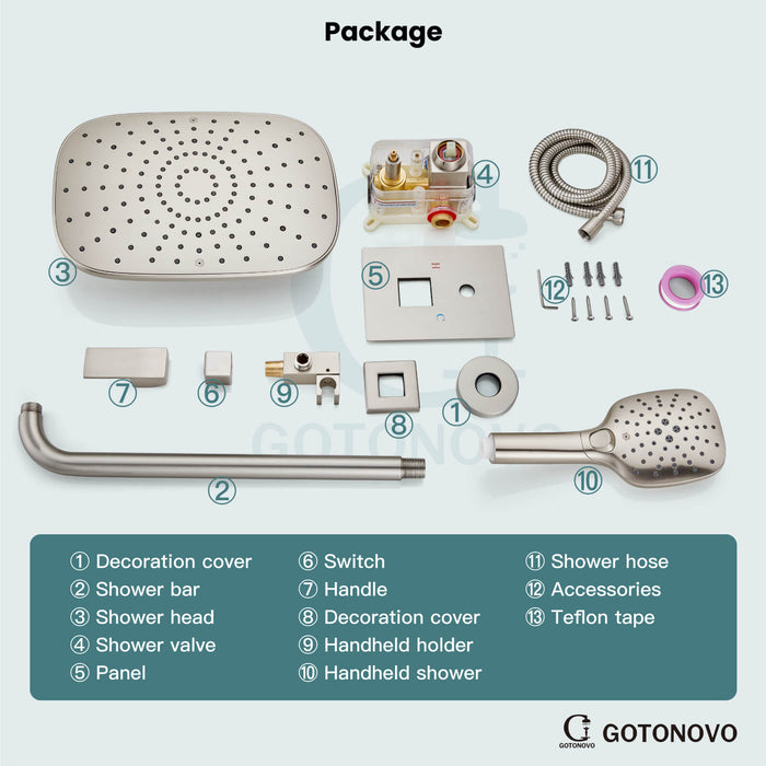 gotonovo Shower System with Handheld Spray Wall Mount ABS Pressure Balance Valve Rain Shower Head System Set Hot and Cold Water Modern Bathroom Rainfall Shower