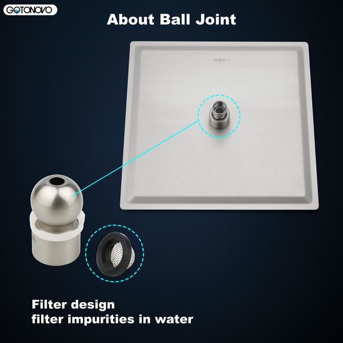 gotonovo regendouchekop 12 inch vierkante roestvrijstalen regendouchekop waterval hoge druk barstvrije dekking met siliconen mondstuk 1/16" ultradun ontwerp draaibare connector 