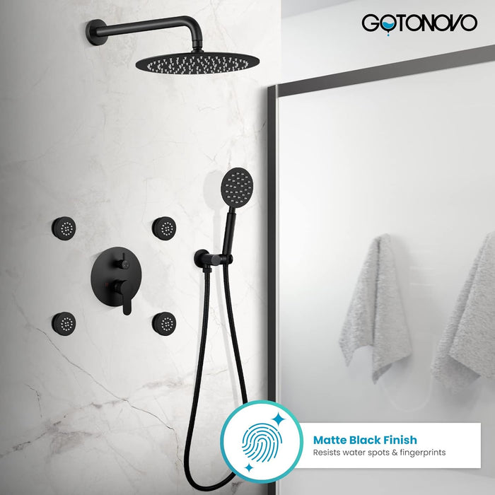 gotonovo Wall Mounted Round High Pressure Rain Shower Head with Body Jets With Round Handheld Shower and Full Body Spray Jet with Rough-in Valve