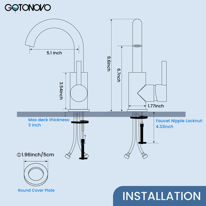 gotonovo Bar Sink Faucet Single Hole Bathroom Kitchen Small RV Sink Faucet Deck Mount SUS304 Lavatory Mixer Tap Single Handle One Hole 360 Degree Swivel Spout Lavatory Sink Faucet