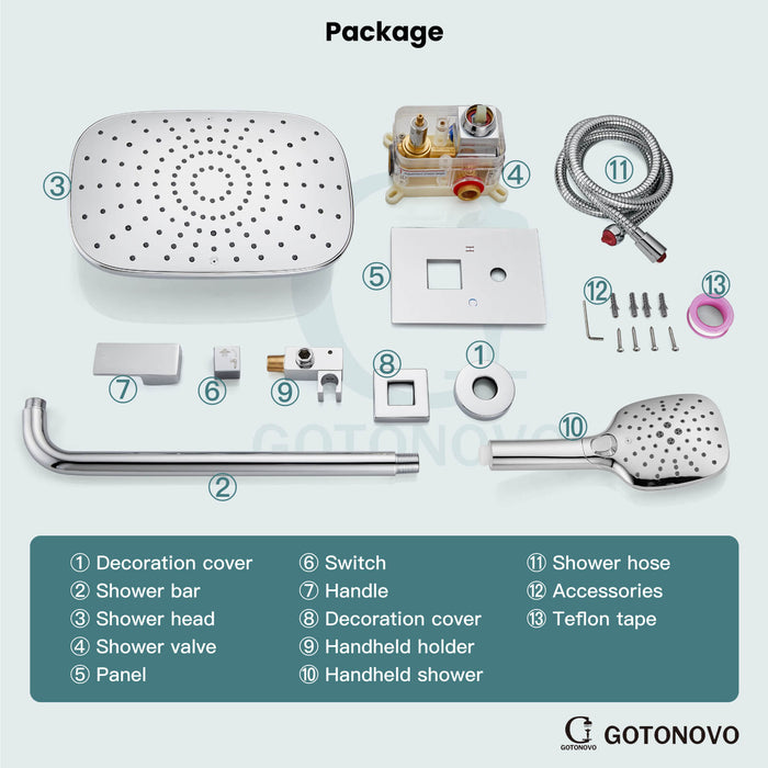 gotonovo Shower System with Handheld Spray Wall Mount ABS Pressure Balance Valve Rain Shower Head System Set Hot and Cold Water Modern Bathroom Rainfall Shower