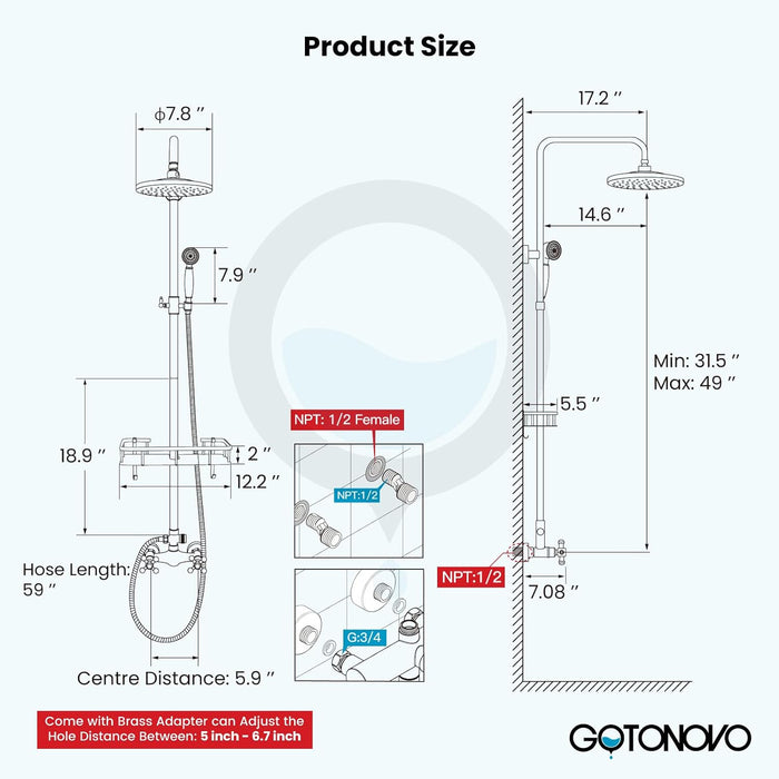 gotonovo Exposed Bathroom Shower Faucet Wall Mounted Shower System Dual Functions 8 inch Wall Mounted with Shower Shelf Double Cross Handles Adjustable Handheld Sprayer