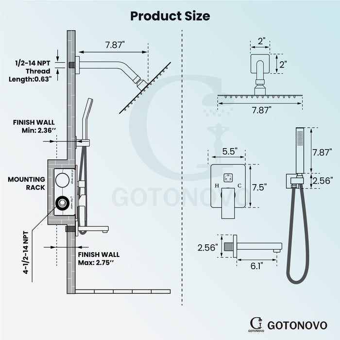 gotonovo Rainfall Shower System with Tub Spout Mixer Shower Combo Set 3 Function Wall Mounted Shower Head Handheld Shower Bathroom Luxury Rain Rough-in Valve Body and Trim Kit