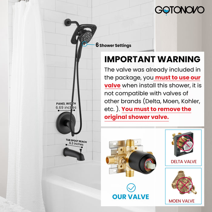 gotonovo Magnetic Shower Trim Kit,Shower Faucet Set with 5-Settings 2 in 1 Dual Hand Held Shower Head, Magnetic Docking System Pressure Balancing Valve Included with Tub Spout Matte Black