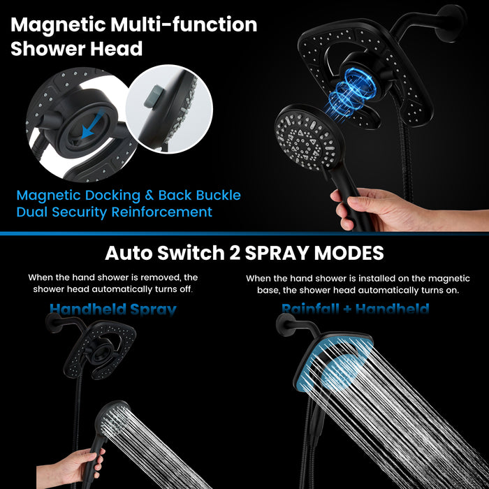 gotonovo Magnetic Shower Trim Kit,Shower Faucet Set with 5-Settings 2 in 1 Dual Hand Held Shower Head, Magnetic Docking System Pressure Balancing Valve Included with Tub Spout Matte Black