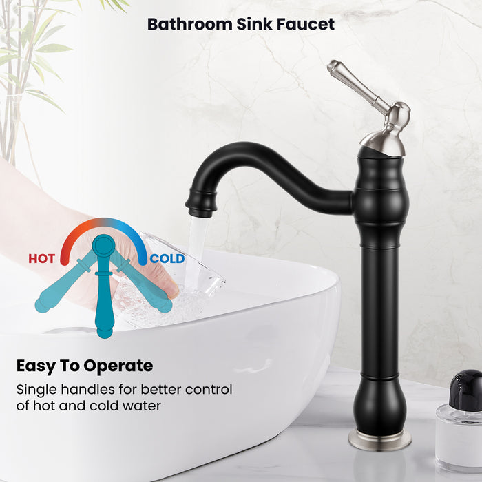 gotonovo Bathroom Vessel Sink Faucet Single Handle Lavatory Vanity Mixer Bar Tap with Pop Up Drain Tall Spout Single Hole Deck Mount