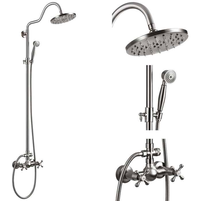 Gotonovo Exposed Shower System Wall Mount 8 inches Stainless Steel SUS304  Shower Head With Adjustable Hand Spray Triple Function Rainfall Shower